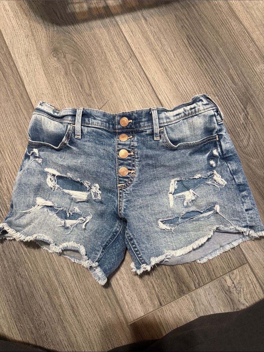abercrombie kids blue distressed button-front jean shorts